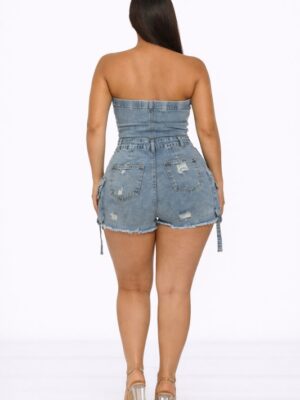 Strapless Cargo Denim Romper Acid Wash