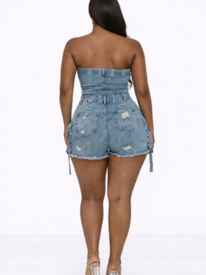 Strapless Cargo Denim Romper Light Wash