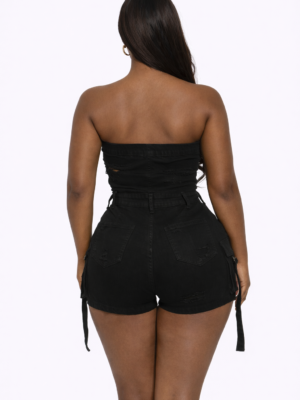 Strapless Cargo Denim Romper Black