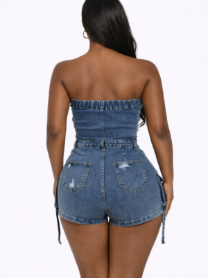 Strapless Cargo Denim Romper Med Wash