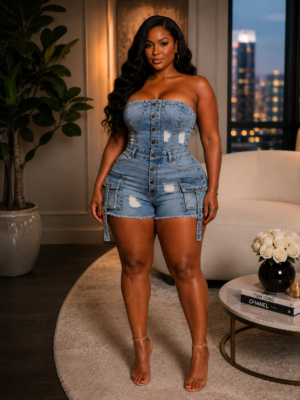 Strapless Cargo Denim Romper Light Wash