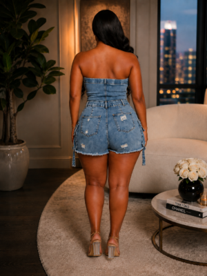 Strapless Cargo Denim Romper Light Wash