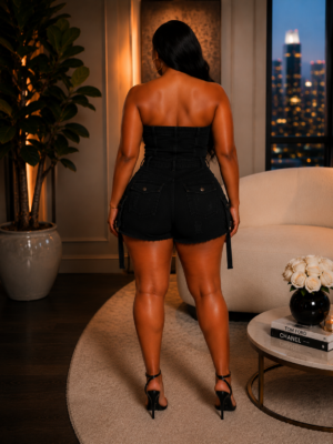 Strapless Cargo Denim Romper Black